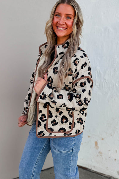 Khaki Leopard Print Quilted Jacket with Contrast Trim with practical styling and dependable silhouette control.
