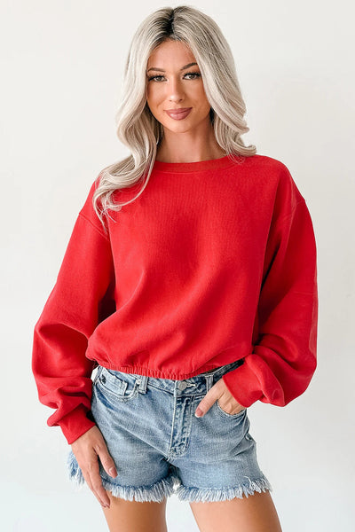 chic women's fiery red cropped sweatshirt with drop shoulders and elastic hem for effortless casual style made for easy styling and wardrobe with