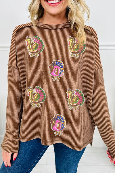 Women's Sequin Turkey Patch Ribbed Top in Dark Khaki