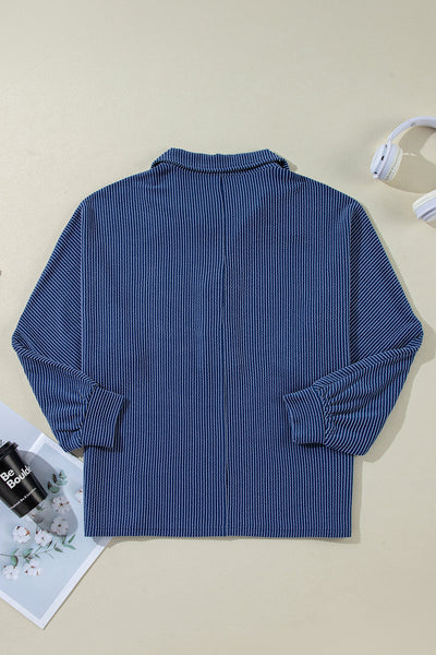 Women‚Äôs Casual Chic Navy Blue Oversized Twist Ribbed Henley Top with Roll-Up Sleeves for Effortless Style