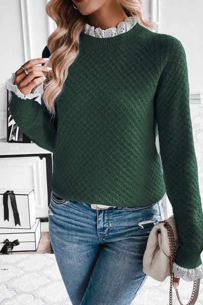 Women's Mist Green Lace Trim Raglan Sleeve Sweater - Cozy Chic Knit for Effortless Casual Style