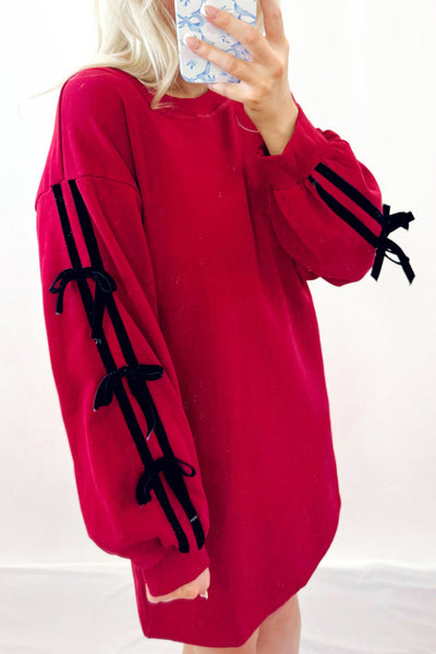 Women's Effortless Casual Tunic Dress in Racing Red with Striped Bow Detail and Drop Shoulder Design