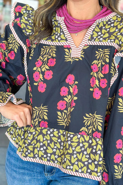 Women's Comfortable Black Floral Print Top - Chic Midnight Bloom Design for Casual Everyday Style