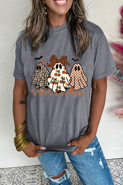 Women's Spooky Trio Ghost Graphic Tee in Charcoal Gray