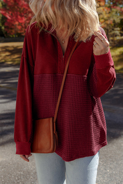 Cozy Women's Red Dahlia Waffle Knit Half-Zip Sweatshirt with Patchwork Design for Casual Everyday Wear