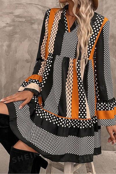 Chic Women's Black Striped Polka Dot Mini Dress with Ruffled Hem and V-Neck for Trendy Summer Style