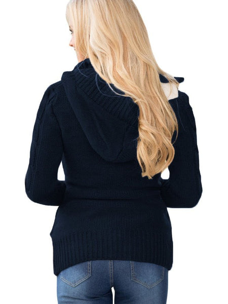Navy Blue Cable Knit Faux Fur-Lined Hooded Sweater Coat
