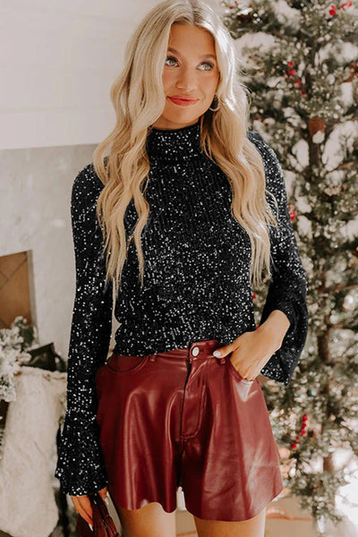 Chic Women's Black Sequin Mock Neck Top with Draped Open Back & Bell Sleeves Perfect for Elegant Evenings Out