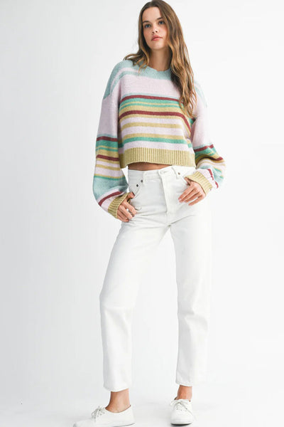 Cozy Women's Multicolor Striped Cropped Baggy Sweater with Ribbed Trim - Perfect Knit Top for Casual Chic Style