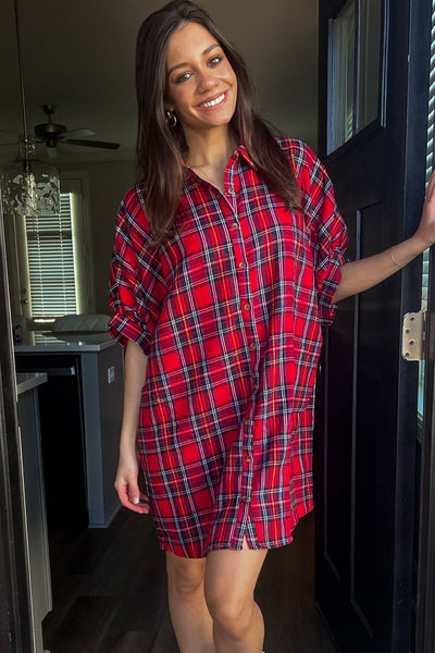 Women's Casual Red Plaid Mini Dress with Half Sleeves Effortless Summer Style for Trendy Comfort