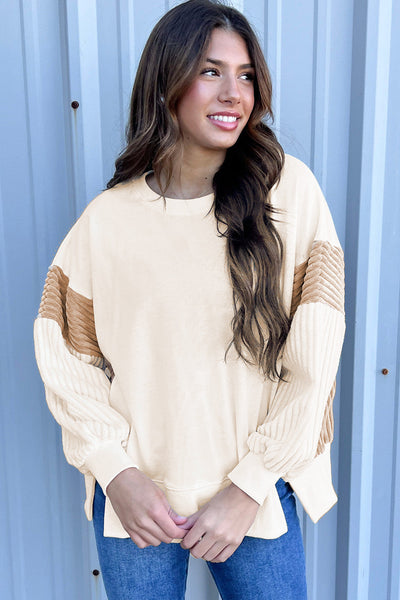 Cozy Women's Apricot Corduroy Patchwork Sweatshirt - Long Sleeve, Drop Shoulder, Perfect for Casual Everyday Style
