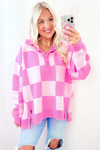 Cozy Women's Pink Checkerboard Drop Shoulder Sweater with Half Button Collar - Effortlessly Chic Casual Style