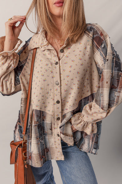 Women's Boho Floral Patchwork Shacket in Ashleigh Blue with Ruffled Sleeves & Distressed Knit Detail for Trendy Layering