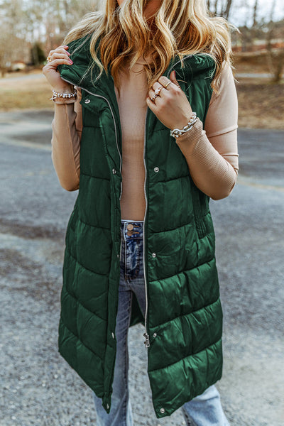 Stylish Women's Green Hooded Long Quilted Vest Coat - Cozy Outerwear for Chic Fall and Winter Looks