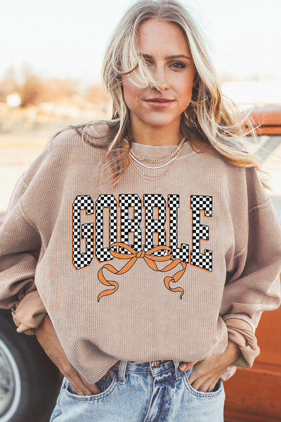 Gobble Checkered Graphic Ribbed Sweatshirt in Apricot with practical styling and dependable silhouette control.