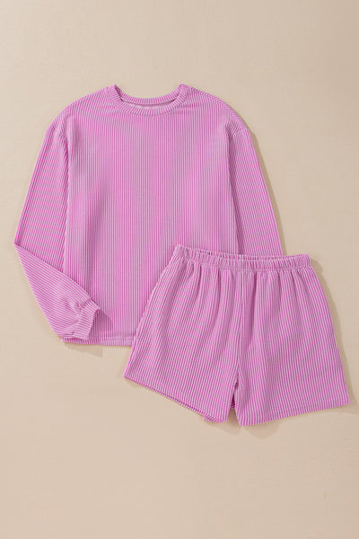 Women's Cozy Phalaenopsis Long Sleeve Knit Top & High-Waist Shorts Set - Stylish Loungewear for Casual Outings