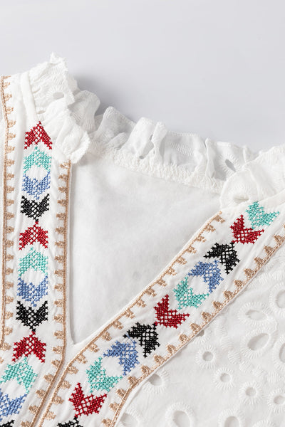 women's white geometric embroidery hollow out blouse - stylish summer top with trendy cut-out design made for easy styling and wardrobe coordination,