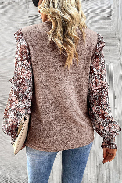 women's pale chestnut floral ruffle sleeve blouse - chic crew neck top for effortless everyday style and comfort made for easy styling and wardrobe