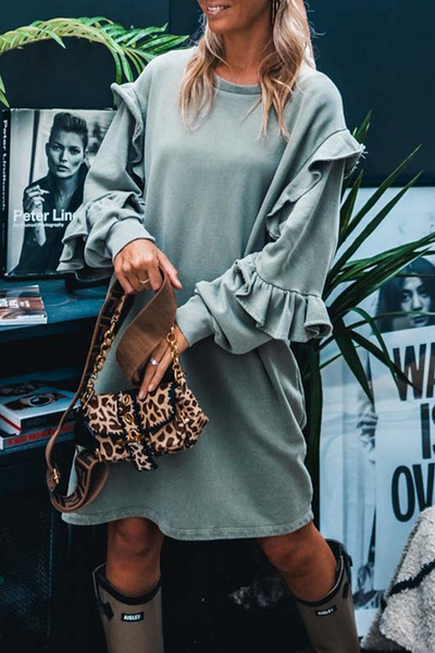 Women's Haze Blue Ruffled Mini Dress - Comfortable Long Sleeve Shift for Effortless Chic Style
