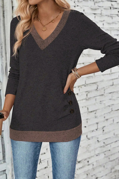 Women's Chicory Coffee V-Neck Color Block Top with Button Detail