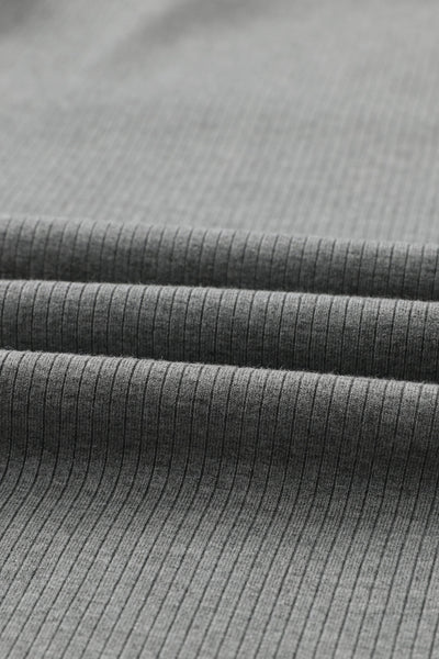 Women's Ribbed Grey Crewneck Top with Sheer Striped Mesh Sleeves
