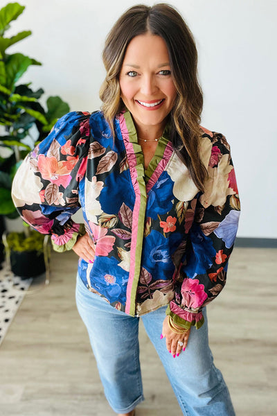 Women's Fall Fashion Floral Print Blouse in Blue with Frilly Striped Trim and Puff Sleeves for a Chic Look