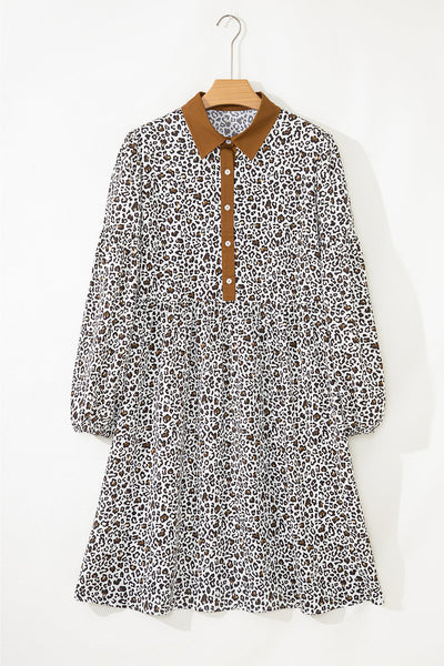 Plus Size Women's Trendy Khaki Leopard Print Mini Dress with Puff Sleeves and Button V-Neck for a Comfortable Fit