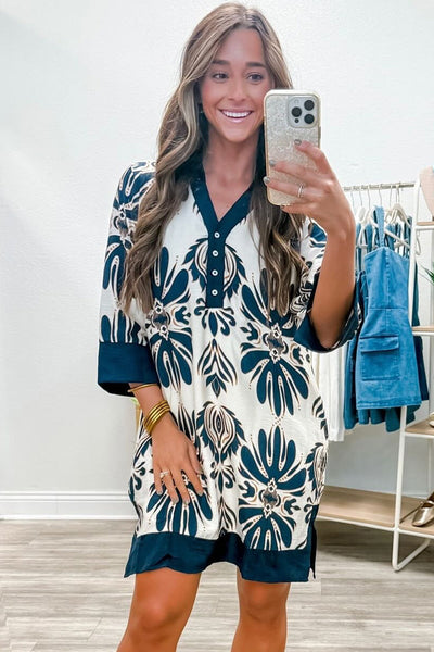 Women's Black Floral Print Mini Dress with Color Block Trim, 3/4 Sleeves - Ideal for Casual Outings or Vacation Getaways