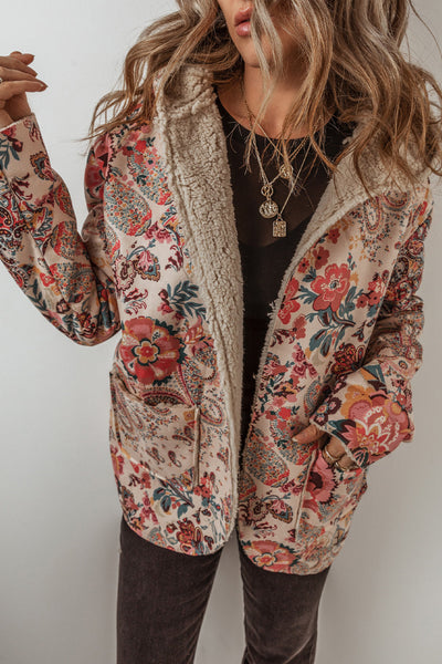 Women's Cozy Beige Vintage Paisley Floral Hooded Jacket with Sherpa Lining for Chic Winter Warmth