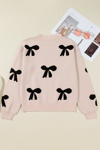 Women's Pearl-Studded Bow Intarsia Knit Sweater in Champagne