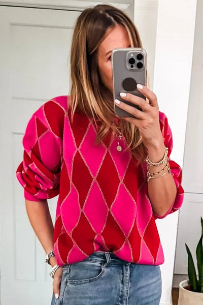Stylish Women's Rose Red Glitter Knit Sweater with Rhombus Design for Casual Everyday Fashion made for easy styling and wardrobe coordination, with