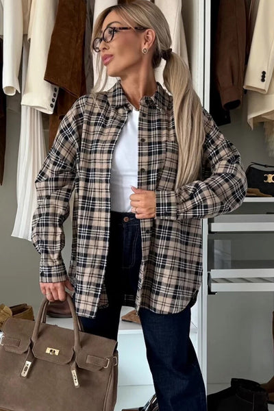 Women's Plaid Tunic Shacket in Parchment - Trendy Layering Top for Fall with Comfortable Fit and Versatile Style