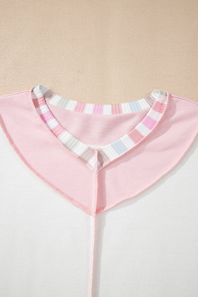 Women's Relaxed V-Neck Patchwork Top with Rainbow Stripe Detail