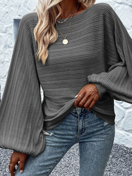Elegant Dark Grey Eyelet Textured Knit Sweater with Lantern Sleeves