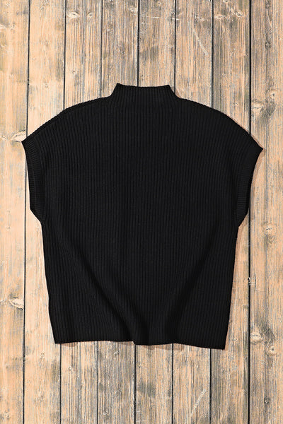 Casual Women's Black Ribbed Knit Short Sleeve Sweater with Patch Pockets - Chic Everyday Essential for Effortless Style