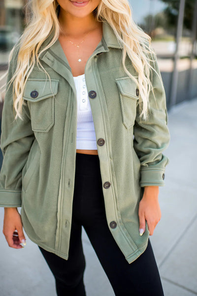 Women's Cozy Smoke Green Fleece Shacket with Exposed Seams & Button Down, Trendy Patchwork Design for Ultimate Comfort