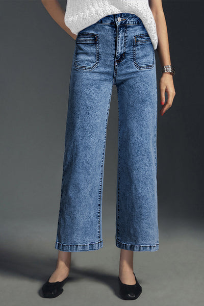 Women's Sky Blue High-Rise Patch Pocket Straight Leg Jeans