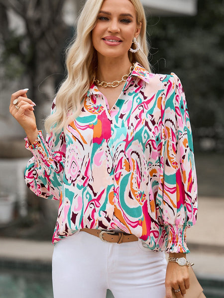 Casual Polo Printed Zipper Lapel Long Sleeve T-shirt