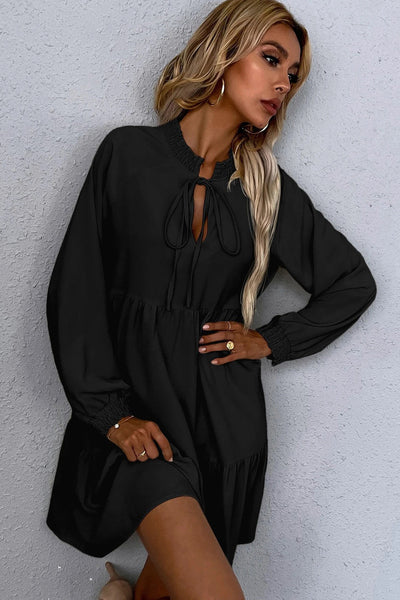 Chic Women's Black Tie Puff Sleeve Dress with Ruffle Hem & Smocked Detail for Effortless Elegance and Comfort