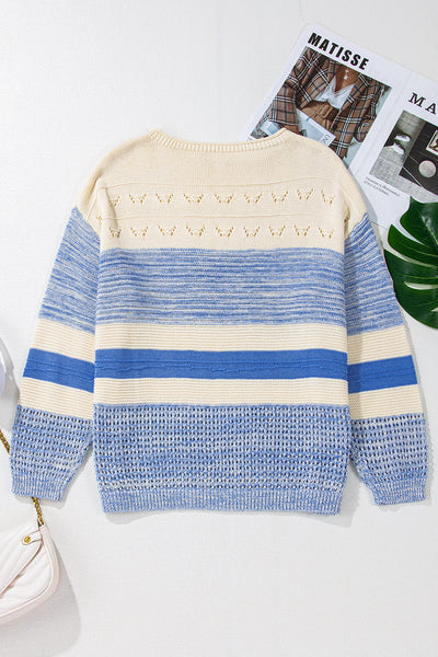 Light Blue Puff Sleeve Sweater for Women - Chic Open Stitch Knit Top for Casual Style and Everyday Comfort