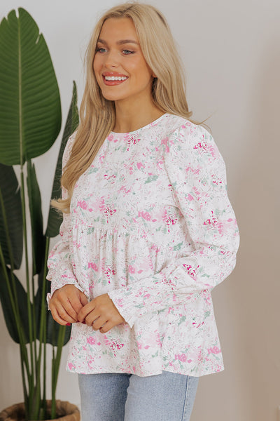 Women's Pink Floral Babydoll Blouse with Balloon Sleeves & Keyhole Back - Stylish, Comfortable Top for Everyday Wear