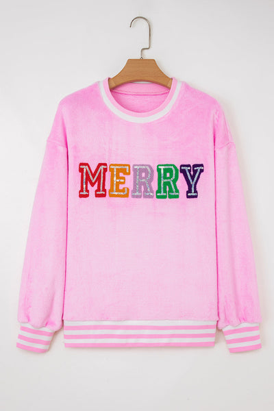 Women's Sachet Pink Chenille MERRY Sequin Graphic Pullover