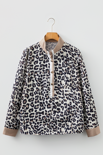 Women's Leopard Print Henley Blouse with Contrast Tan Trim