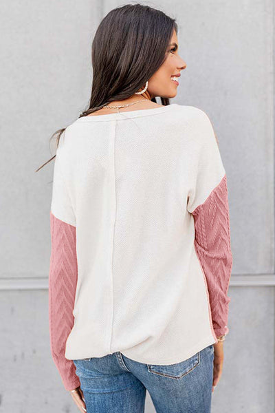 Women's Long Sleeve Colorblock Knit Top in Peach Blossom - Textured, Stylish Fit with Chest Pocket for Everyday Comfort