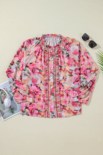 Stylish Women's Red Floral Ruffled Button-Up Shirt - Loose Fit, Perfect for Summer Casual Wear and Comfort
