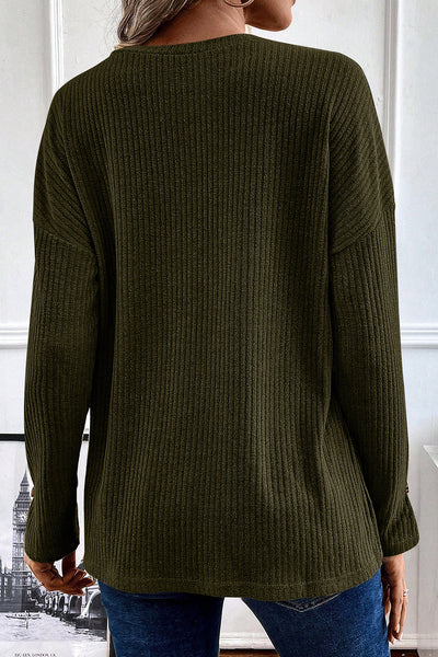 Women's Jungle Green Ribbed Henley Top - Chic & Comfy Knit Shirt for Casual Outings and Everyday Style