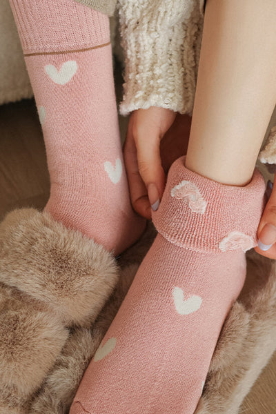 Women's Pink Heart Print Polyester Crew Socks with Ribbed Cuffs
