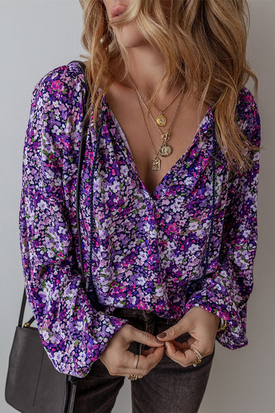 Women's Trendy Purple Boho Floral Blouse with Split V-Neck & Bubble Sleeves - Stylish, Comfortable Fashion Top
