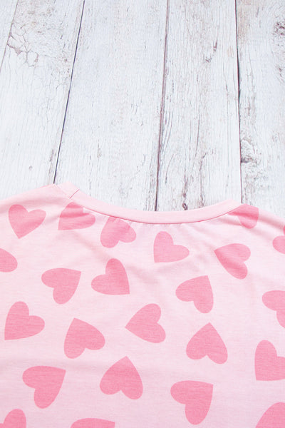 Cozy Women's Pink Heart Print Long Sleeve Lounge Set - Perfect Valentine's Day Shorts Outfit for Relaxed Style