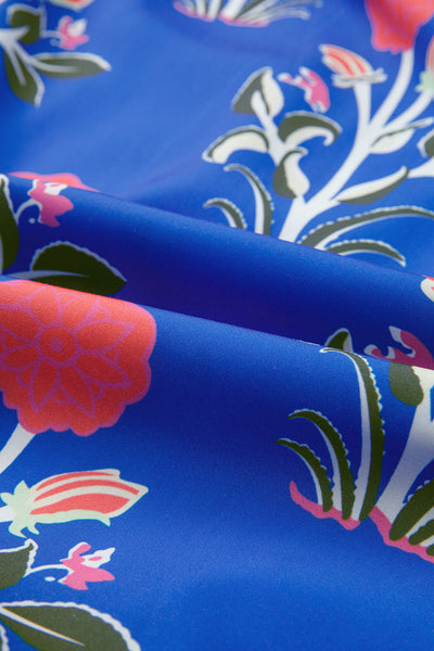 Women's Blue Floral Ruffle Hem Dress with Button Detail & 3/4 Puff Sleeves - Perfect for Spring & Summer Events